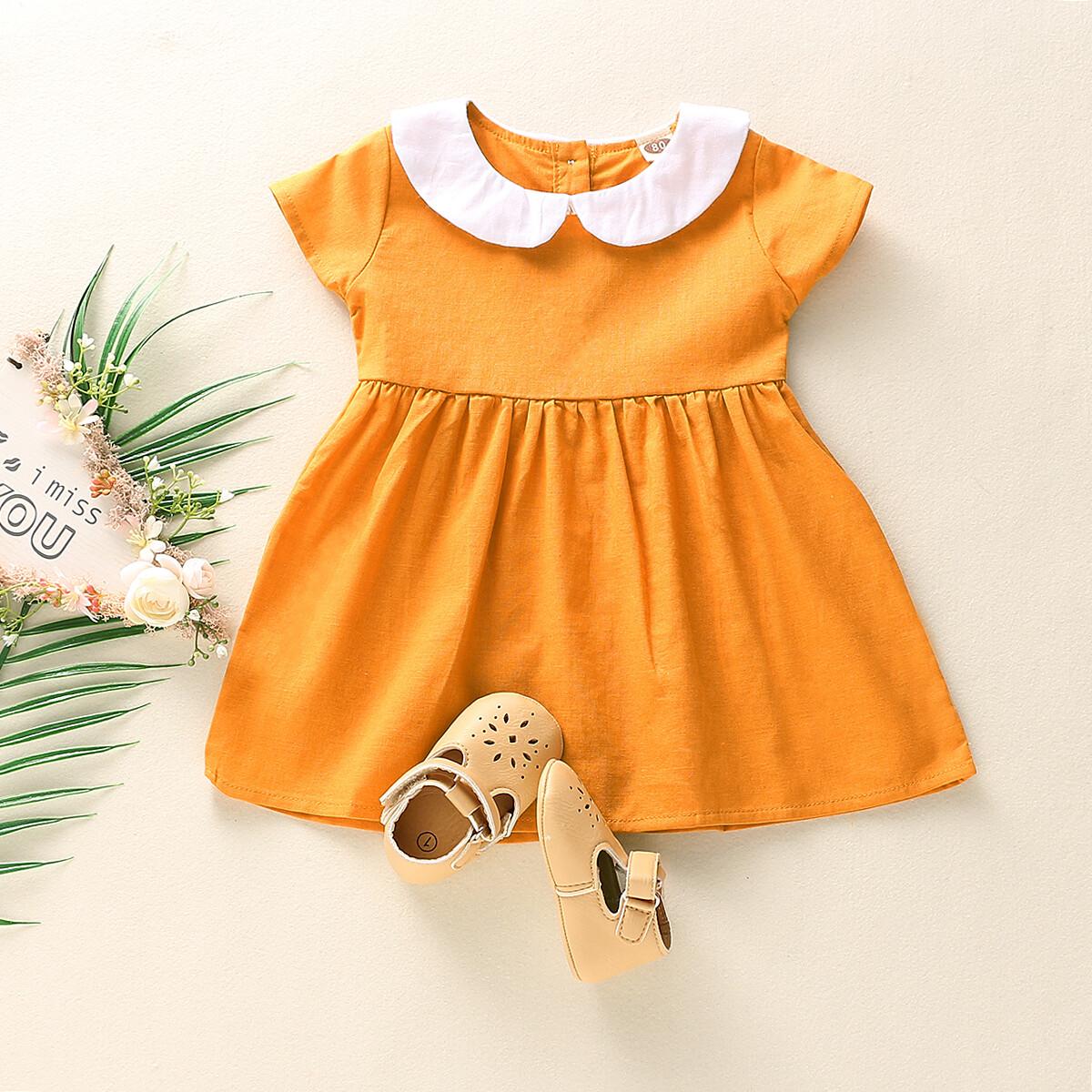 Toddler Baby Girl Clothes Baby Girl Dress Short Sleeve Round Neckline Dress Baby Girl Summer Casual Dress Yellow 194027