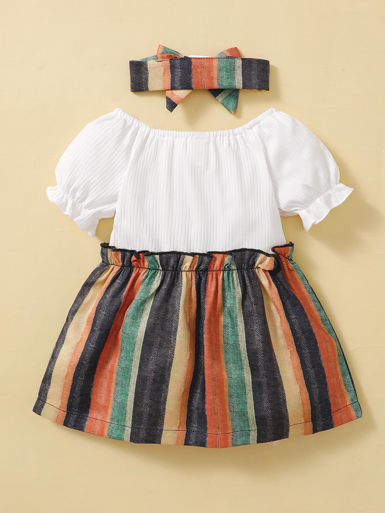 Kids fashion Girls Clothes Splice Summer Dress With Headband 2pcs set White 222204305