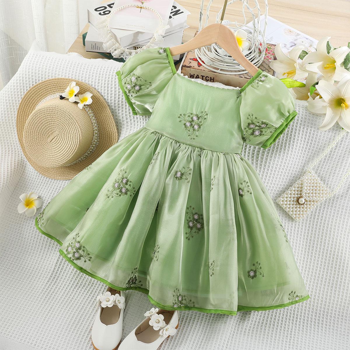 Baby Girls Princess Dress Bubble Sleeve Floral Embroidery One Pirce Summer Party Dress Green 202217