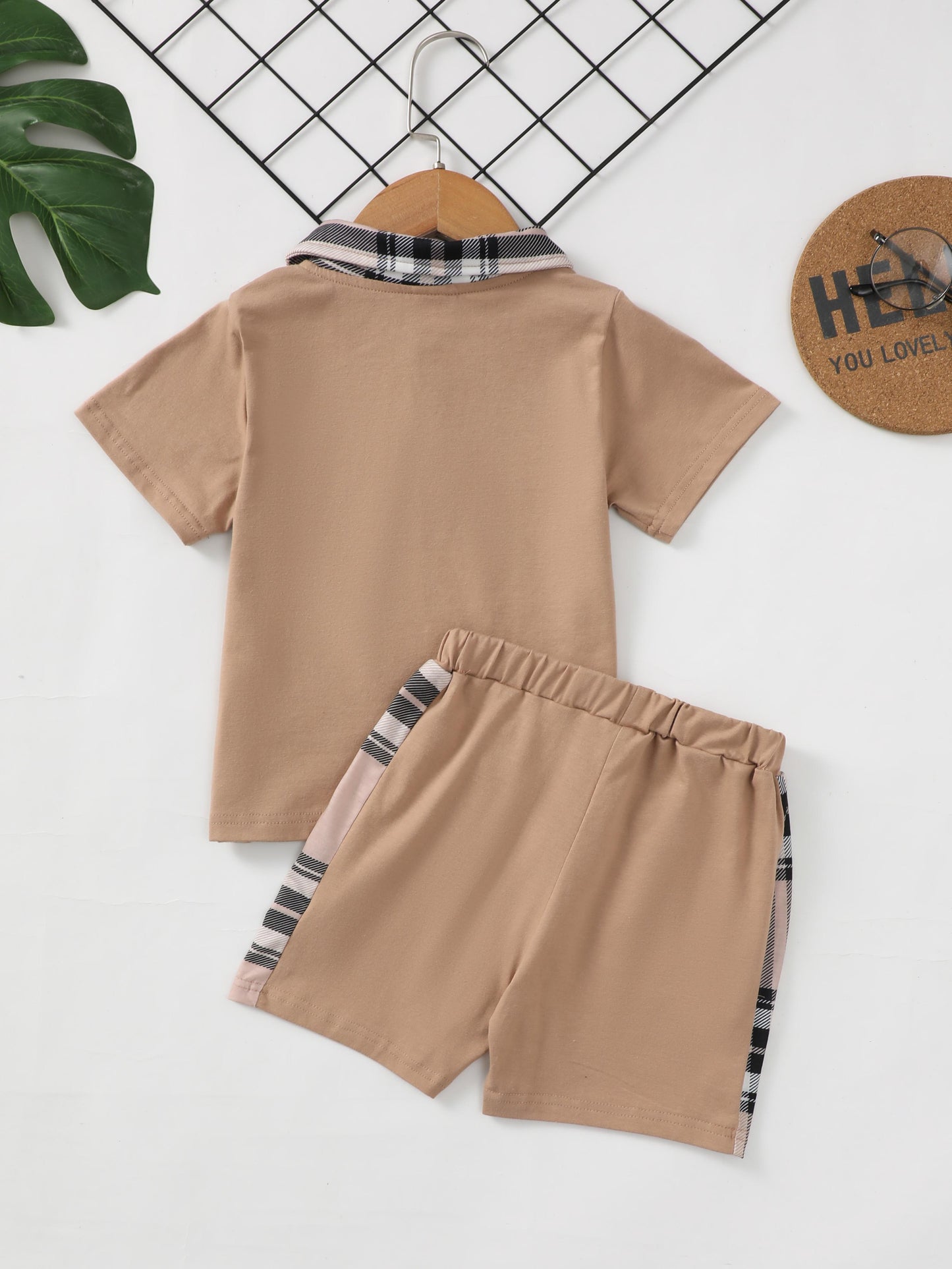 Kid Fashion Ready Stock Boys Clothes Boys Outfits Summer Turn-down Collar Pocket Shirts Shorts 2PCS Brown,622120001