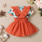 Kids fashion Girls Clothes Flower Print Short Sleeve  Bodysuits Bow Straps Suspender Skirts 2Pcs Outfits Orange 22104306