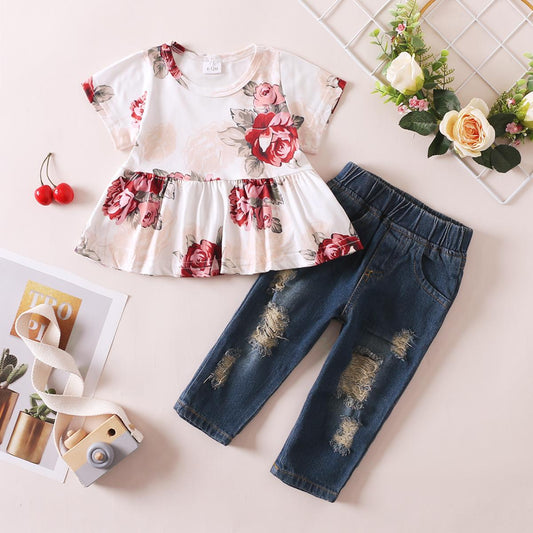 Baby Clothes Baby Girl Floral Short Sleeve Top Ripped Denim Trousers 2PCS 12010019