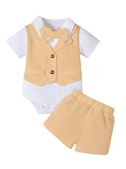 PureChapter Baby Boy Baptism Outfit 2-Piece Set Short Sleeve Waffle Knit Romper Top & Shorts, Christening Outfit for 1-18M