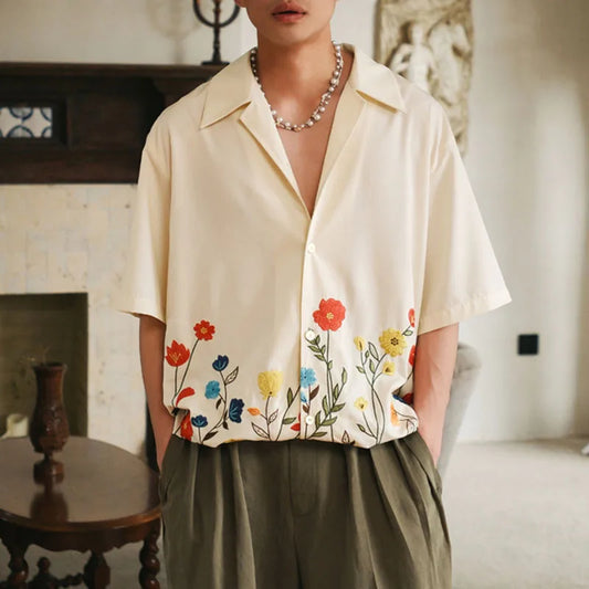 Custom 2026 Summer European American Men's Casual Short Sleeve Poplin Hawaiian Shirt Lapel Fashion Flower Vintage Men's Shirt