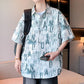 Men's Summer Short Sleeve Casual Shirt Crocheted Letter Pattern Thin Top Polyester Lapel Turn-down Collar