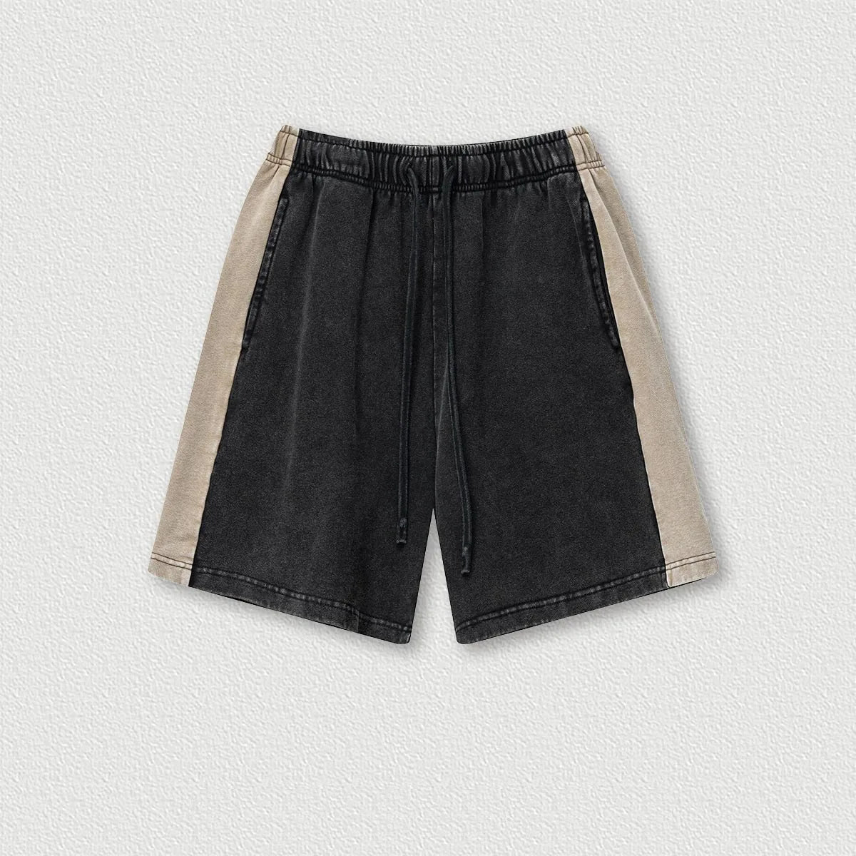 370G 100% Cotton Custom Vintage Splicing Ribbon Loose Color Contrast Shorts Drawstring Casual Men's Five-point Shorts
