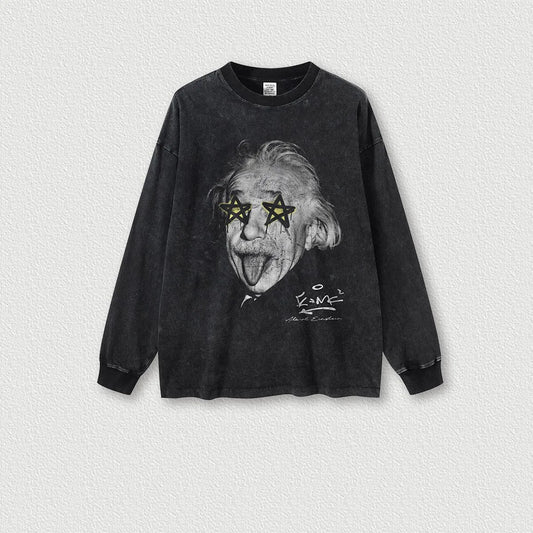 270G 100% Cotton Washed Custom Logo Star Eyes Old Long Sleeve T-shirt Men's Retro Washed Teen Tops T-shirt for Men