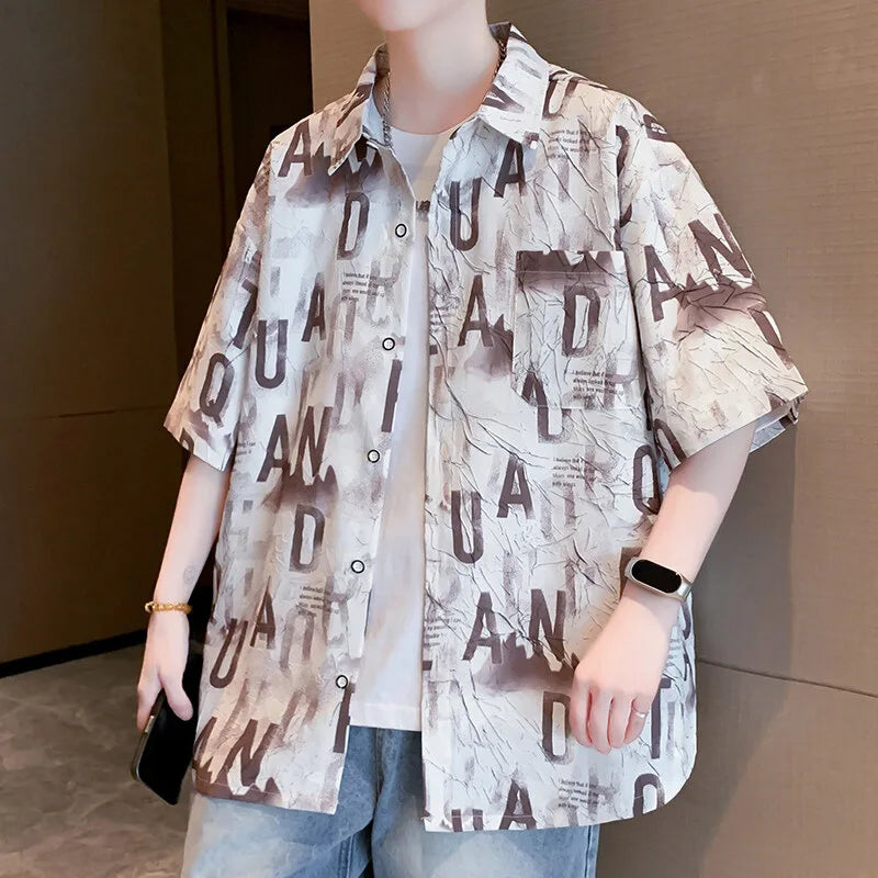 Men's Summer Short Sleeve Casual Shirt Crocheted Letter Pattern Thin Top Polyester Lapel Turn-down Collar
