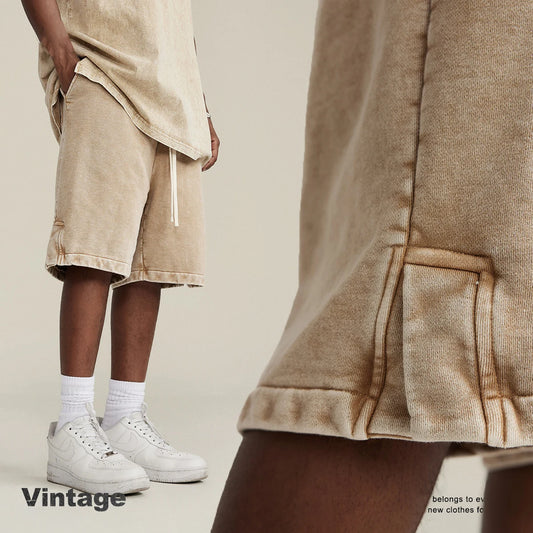 350 Grams 100% Cotton Custom Logo Heavy Weight Retro Wash-slit American Trendy Brand Men's Five-point Pants Men's Shorts