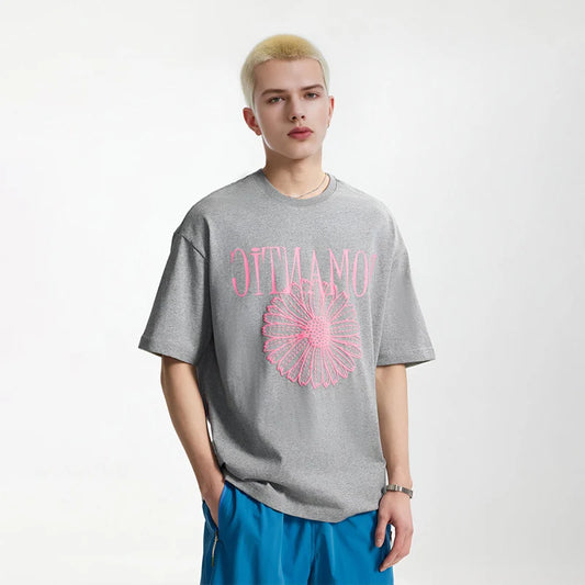 2026 Spring and Summer 100% Cotton 200G Foamed Printed T-shirt New American Street Trend Loose Print Base Short Sleeves