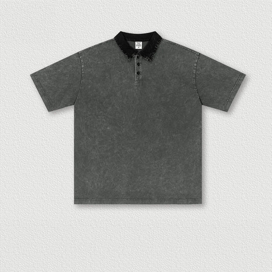 285G 100 Cotton Heavy Weight Retro POLO Shirt Men's T-shirt Loose Contrasting Color Lapel Short-sleeved T-shirt for Men