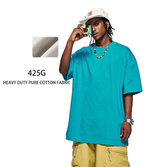 425 Grams 100% Cotton 2025 Spring Summer Collection Heavy Weight Short Sleeve Loose T-Shirt 100% Knitted Oversized Street Long
