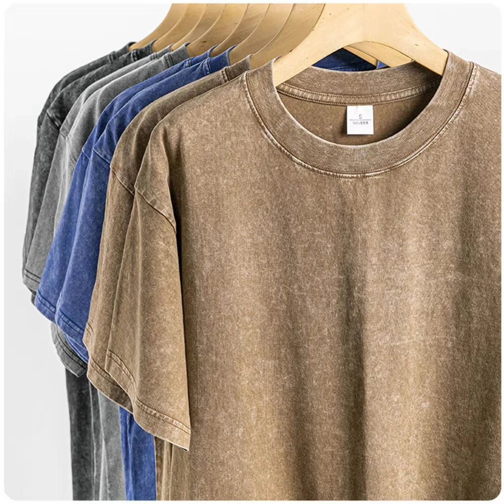 Washed Distressed 230g Heavyweight Cotton Short Sleeved T-shirt Versatile Men Summer Solid Color Loose T-shirt for Men