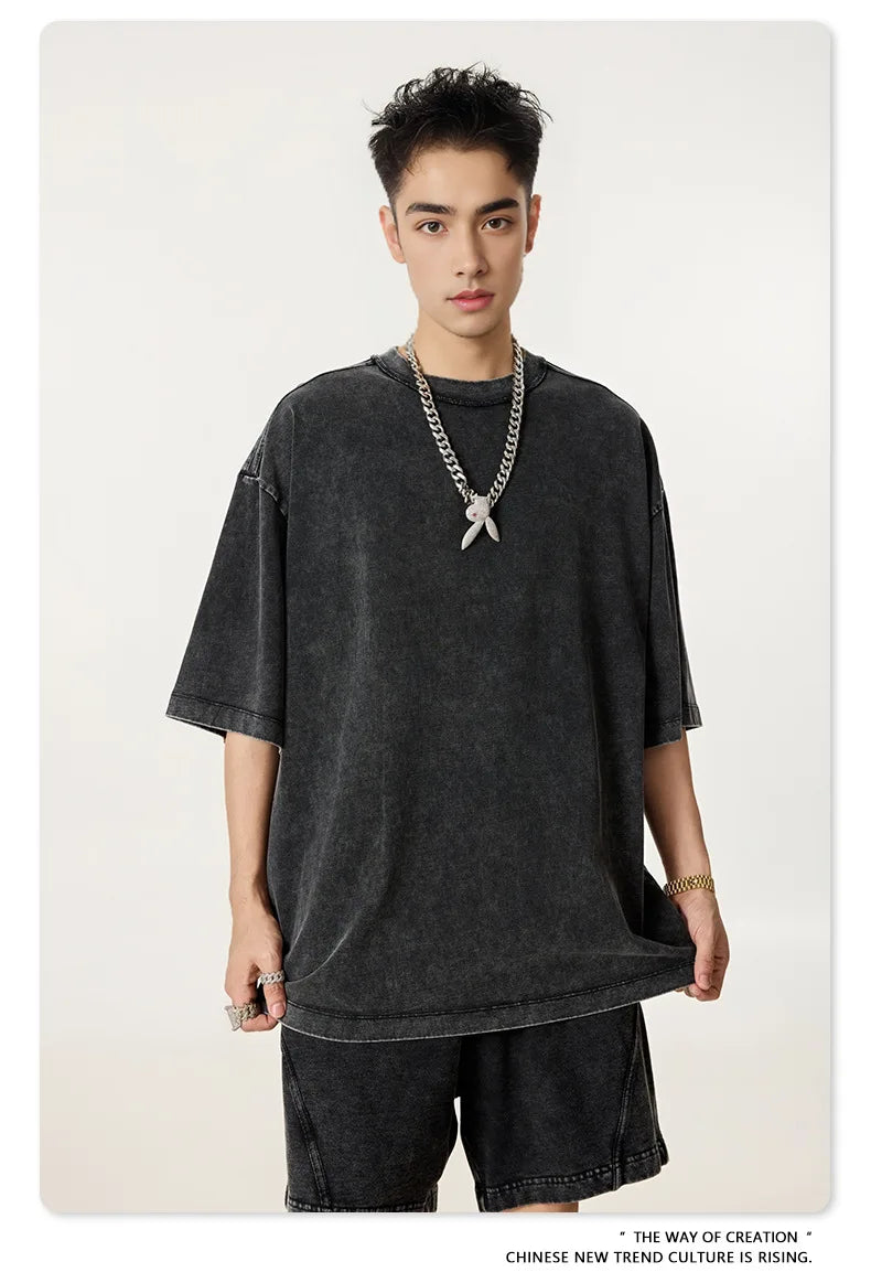 285G 330G 100% Cotton American  Retro Ribbon Crewneck T-shirt Casual Sports Suit Custom Iogo Work Clothes for Men T-Shirt Set