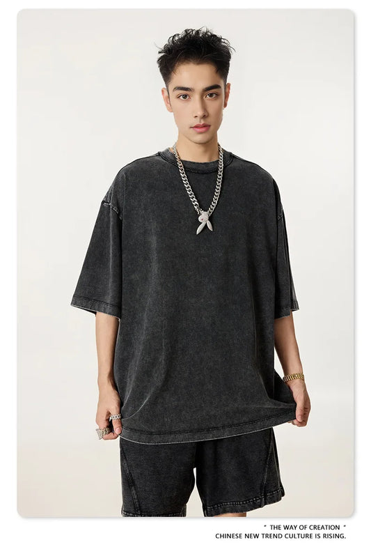 285G 330G 100% Cotton American  Retro Ribbon Crewneck T-shirt Casual Sports Suit Custom Iogo Work Clothes for Men T-Shirt Set