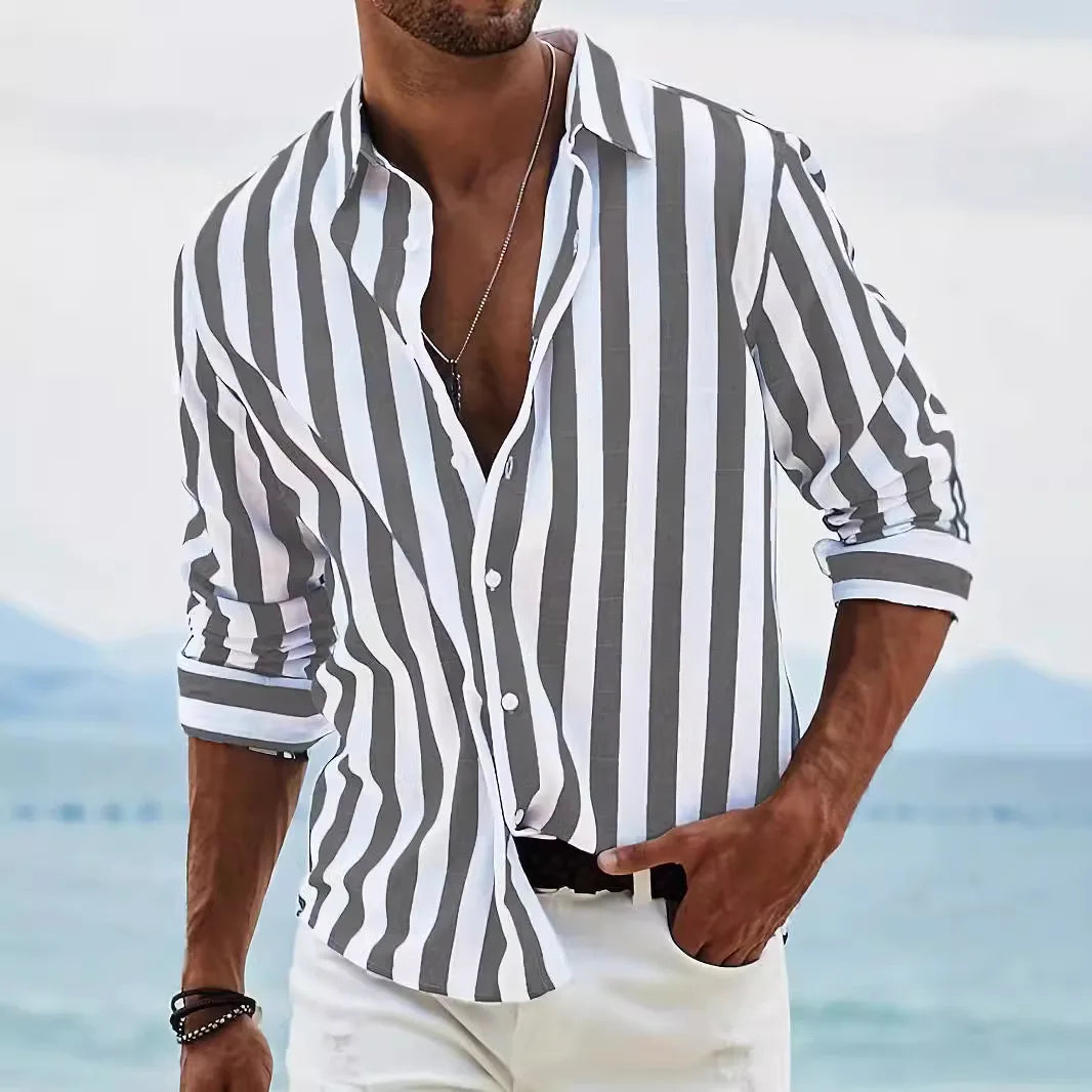 2026 Men's Casual Digital Printing Contrast Color Lapel Collar Cardigan Polyester Machine Washable Men’s Shirts