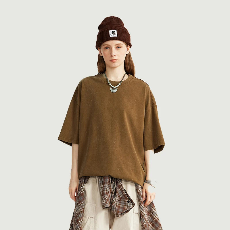 100% Cotton 265 Grams Retro Spray-dyeed Snowflake T-shirt Trendy Brand New Products Loose Street Round Neck Short Sleeves