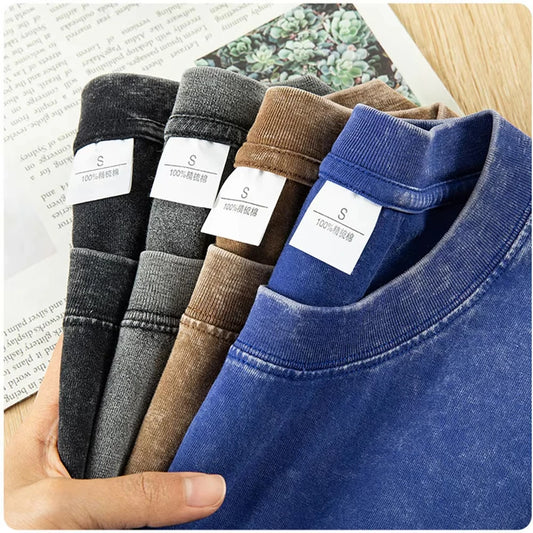 Washed Distressed 230g Heavyweight Cotton Short Sleeved T-shirt Versatile Men Summer Solid Color Loose T-shirt for Men