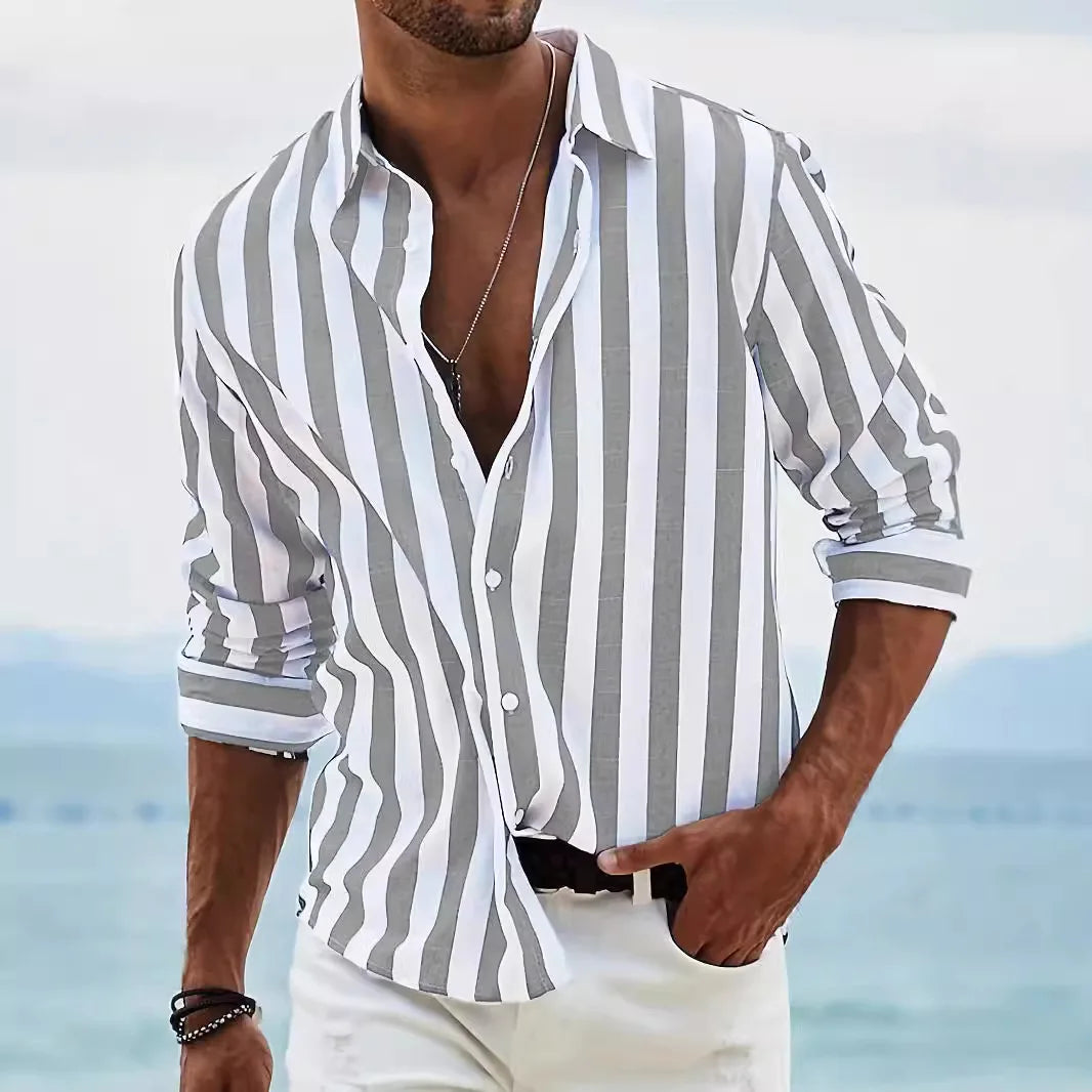 2026 Men's Casual Digital Printing Contrast Color Lapel Collar Cardigan Polyester Machine Washable Men’s Shirts