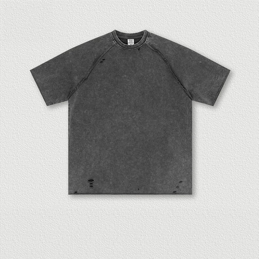 330 Grams 100% Cotton American Retro Heavyweight Washed Batik Terry T-shirt Wrecked Curled Large Size Short-sleeved Men