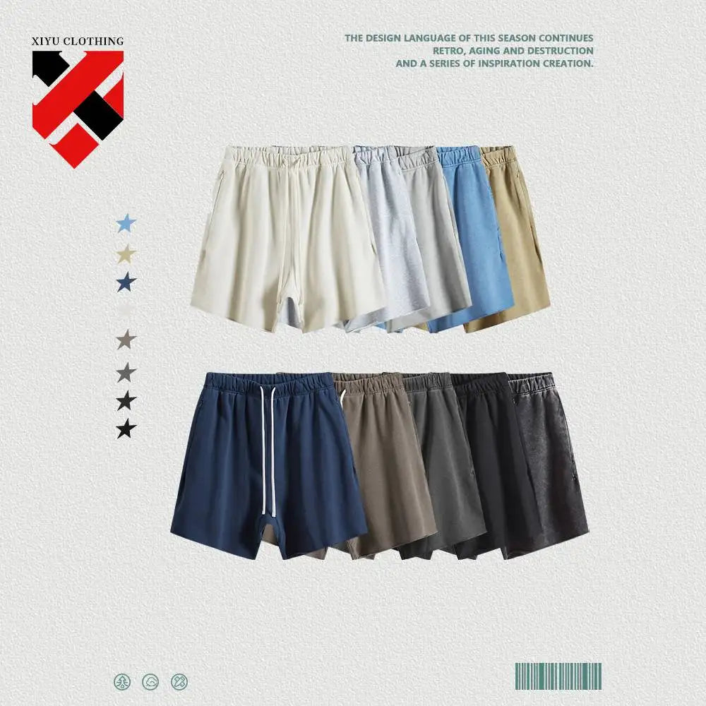 410G 100% Cotton Custom Logo Fashion Brand Retro High Street Loose Edge Shorts Summer Casual  Men's Sports Washed Shorts