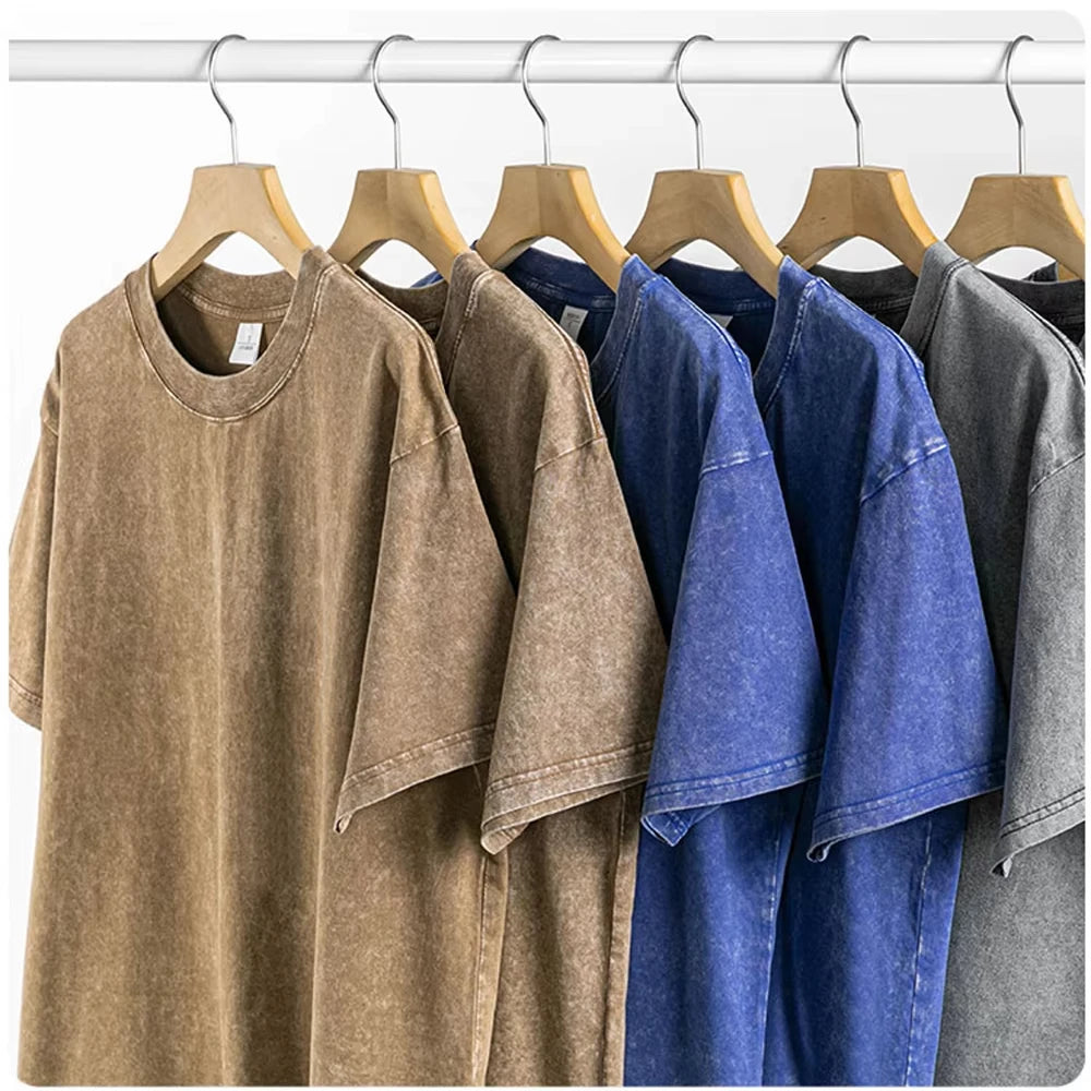 Washed Distressed 230g Heavyweight Cotton Short Sleeved T-shirt Versatile Men Summer Solid Color Loose T-shirt for Men