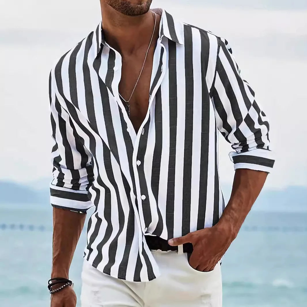 2026 Men's Casual Digital Printing Contrast Color Lapel Collar Cardigan Polyester Machine Washable Men’s Shirts