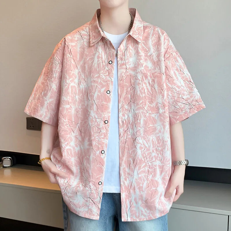 Men's Summer Short Sleeve Casual Shirt Crocheted Letter Pattern Thin Top Polyester Lapel Turn-down Collar