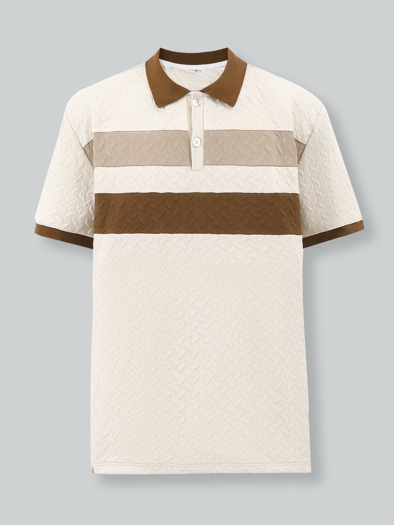 Men's Beige and Brown Textured Polo Shirt - Contrast Collar with Herringbone Pattern & Two-Tone Chest Bands