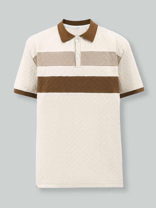 Men's Beige and Brown Textured Polo Shirt - Contrast Collar with Herringbone Pattern & Two-Tone Chest Bands