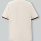 Men's Beige and Brown Textured Polo Shirt - Contrast Collar with Herringbone Pattern & Two-Tone Chest Bands