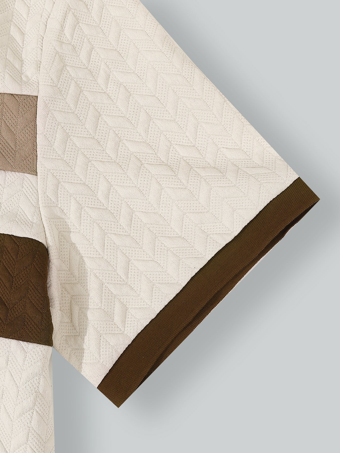 Men's Beige and Brown Textured Polo Shirt - Contrast Collar with Herringbone Pattern & Two-Tone Chest Bands