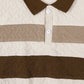 Men's Beige and Brown Textured Polo Shirt - Contrast Collar with Herringbone Pattern & Two-Tone Chest Bands