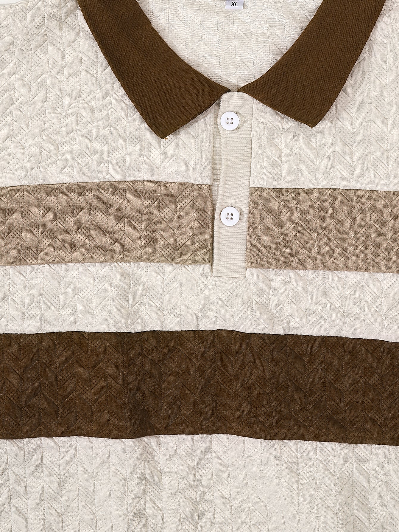 Men's Beige and Brown Textured Polo Shirt - Contrast Collar with Herringbone Pattern & Two-Tone Chest Bands