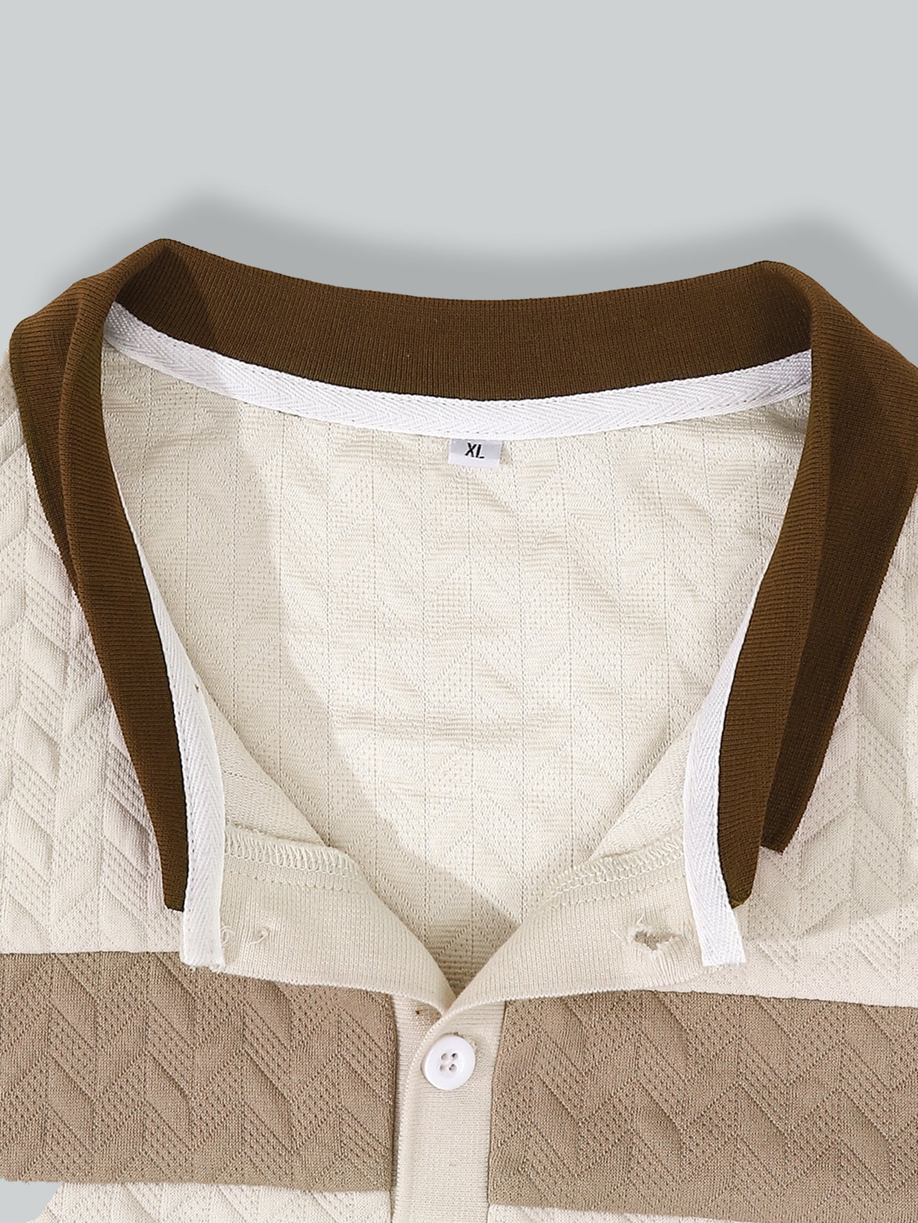 Men's Beige and Brown Textured Polo Shirt - Contrast Collar with Herringbone Pattern & Two-Tone Chest Bands