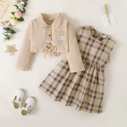 Outfits For Baby Girls Turn-down Collar Coat Plaid Sleeveless Dress 2Pcs Clothes Set 222206312-3