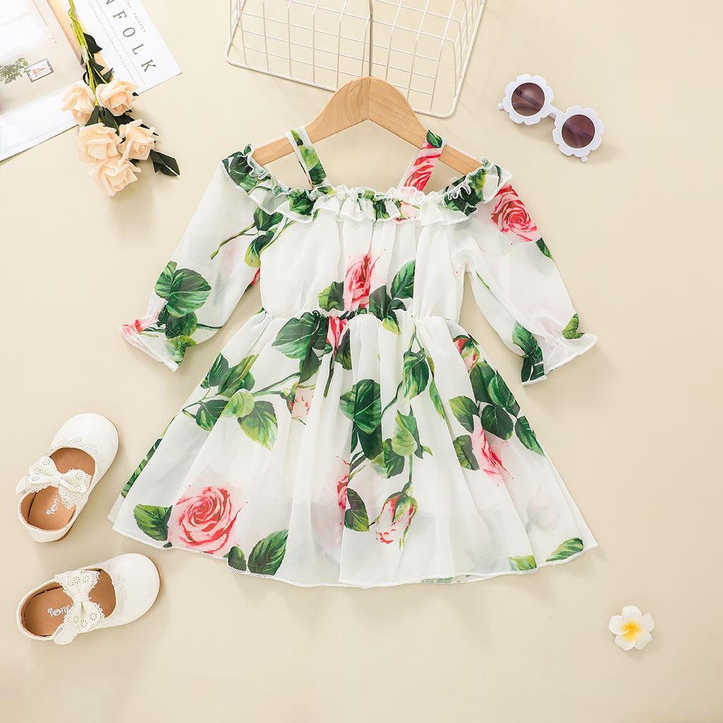 Baby Girls Dress Straps Floral Print Long Sleeve One Piece Sund Dress White SH10368B