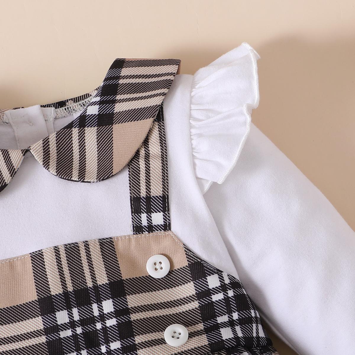 Kids Fashion Girls Dress Barbary Style Fake Two Pieces Plaid Ruffle One Piece Party Dress White 122210302