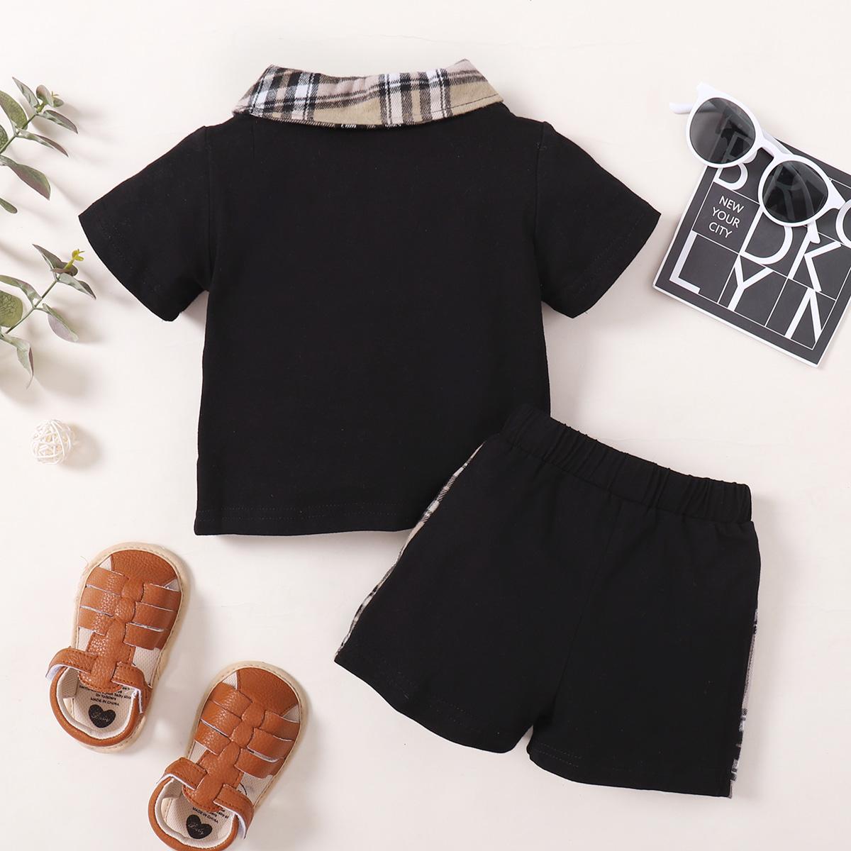 Newborn Baby Boys Outfits Grid Print Turn-down Collar T-shirt Top +Shorts 2Pcs Clothes Set White 22110615SY