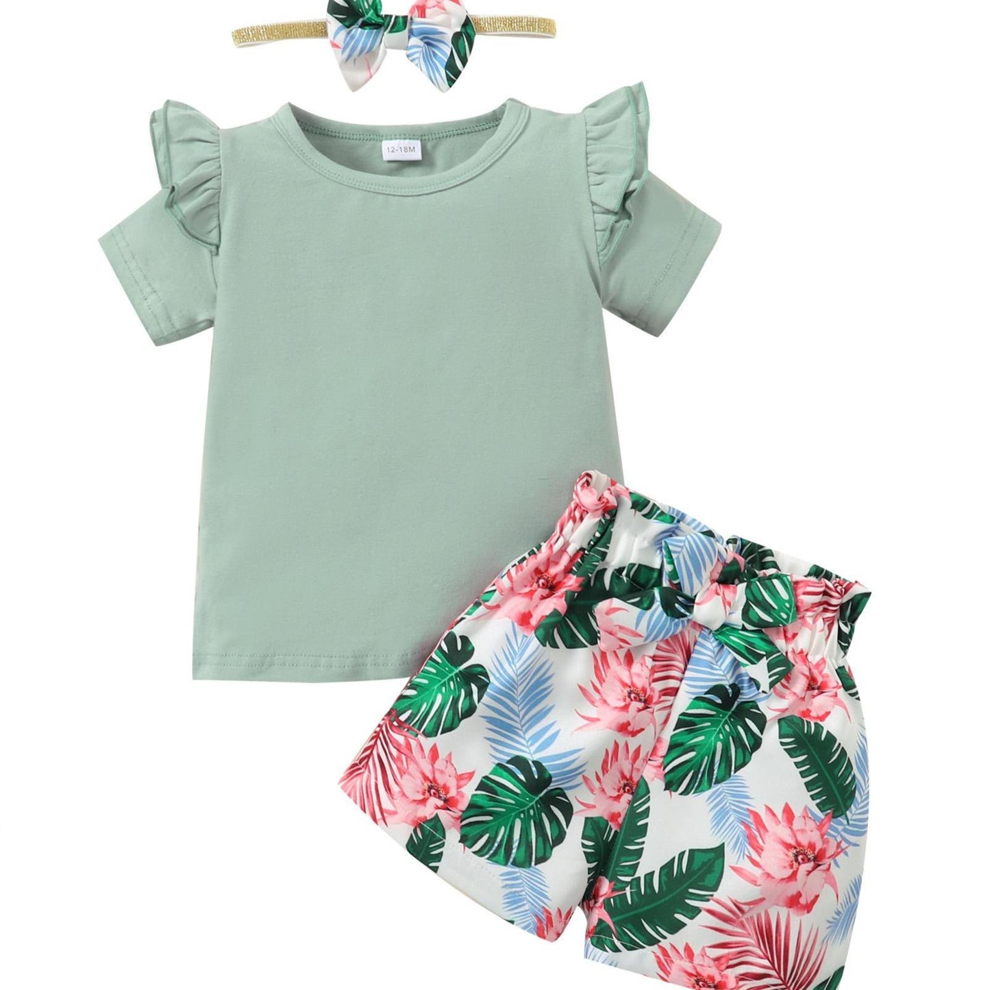 Kids Fashion Ready Stock Summer Clothes For Girls Ruffle Sleeve Solid Color Shirts Elastic Shorts Headband 3Pcs Outfits Green 112202005