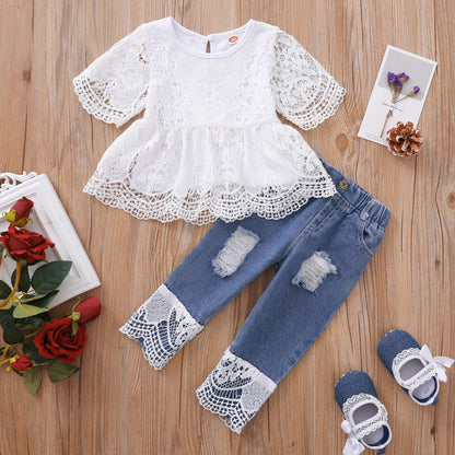 Baby Girl Clothes lace Short Sleeve Top + Blue Jeans 2PCS Baby Girl Spring and Autumn Set 32102763