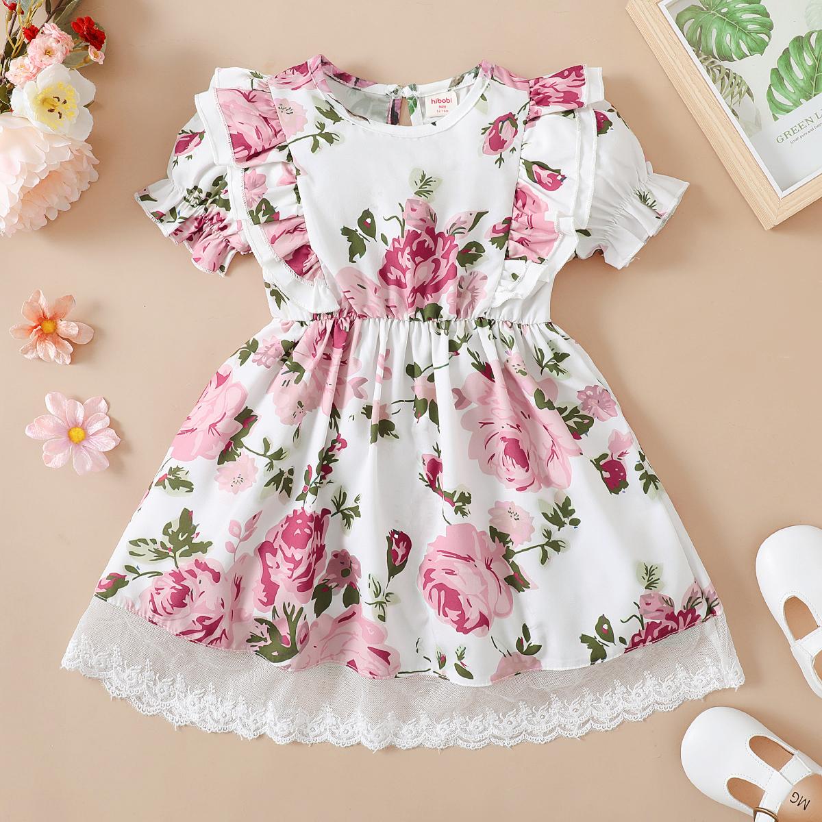 Baby Clothes Baby Girl Pink Floral Ruffle Short Sleeve Dress 212111338
