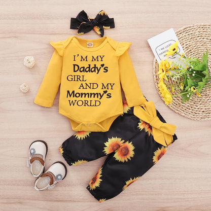 Baby Girls Clothes Girls Outfits Letter Print Romper Sunflower Winter Pants Headband 3Pcs Yellow YC2006514