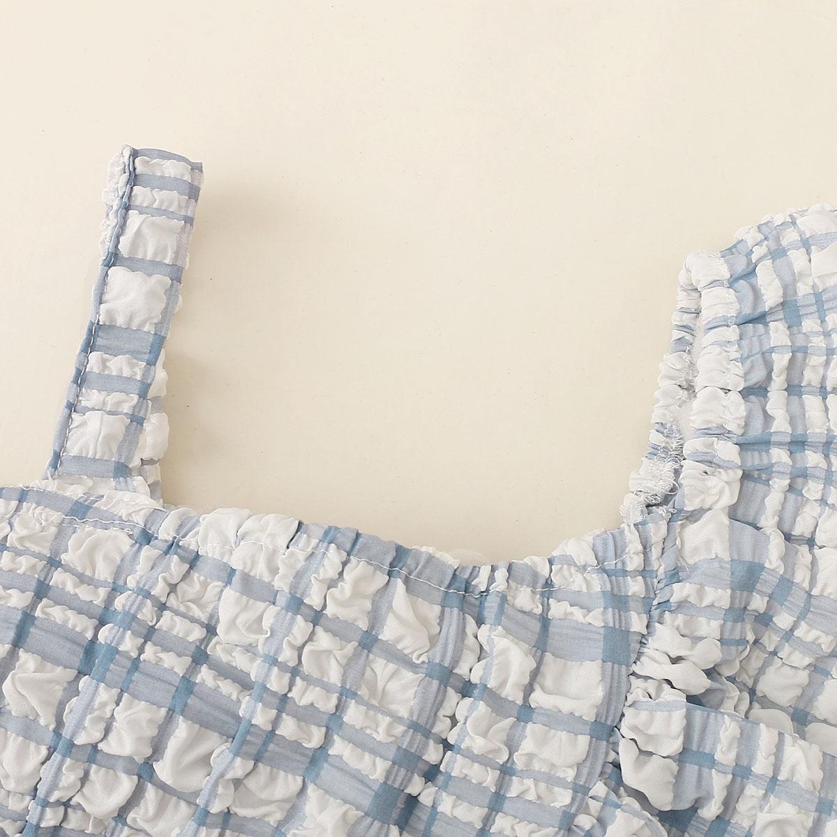 Kids fashion Girls Summer Clothes One Shoulder Plaid Elastic Shorts 2Pcs Outfits Blue 122203457