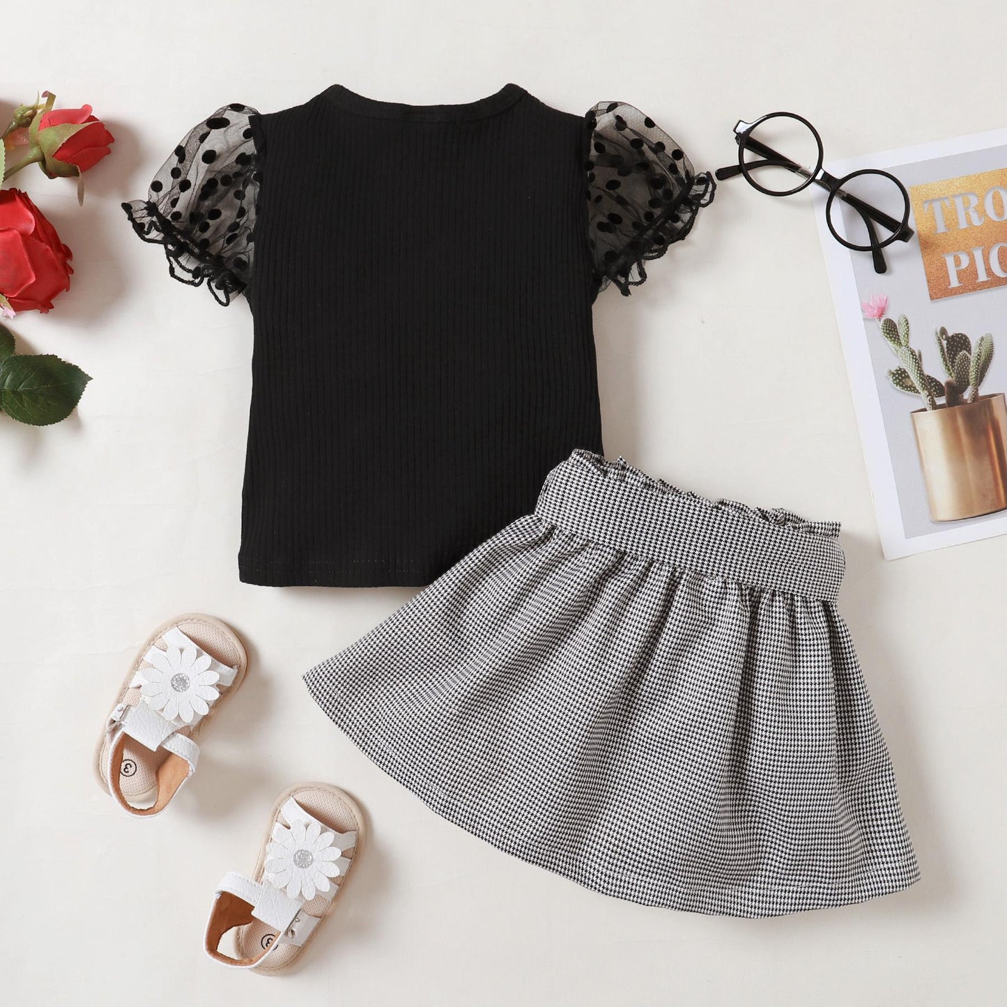 Baby Girls Outfits OOTD Perspective Bubble Sleeve Tops Thousand-bird Lattice 2Pcs Clothes Set Black 222203304
