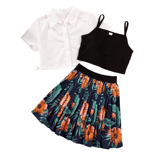 Ready Stock Big Girls Clothes Solid Color Turn-down Collar Shirts Straps Undershirt Floral Skirts 3Pcs Summer OOTD White GS112211005