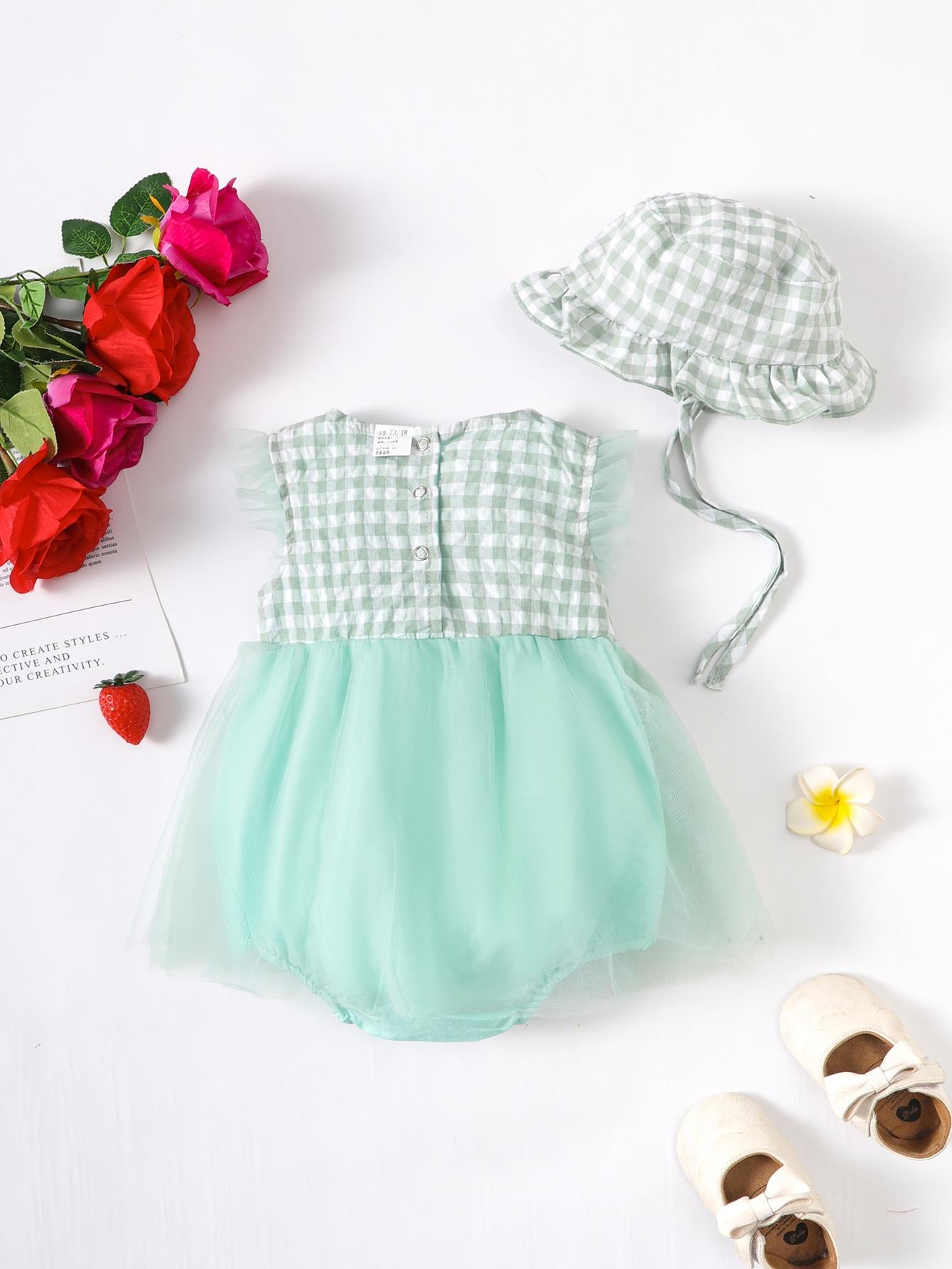 Kid Fashion Ready Stock Plaid Summer Sleeveless Splice Gauze Romper Dress With Hat 2Pcs ZX-ZB032