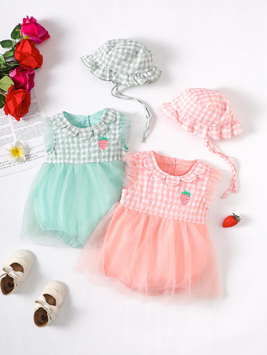 Kid Fashion Ready Stock Plaid Summer Sleeveless Splice Gauze Romper Dress With Hat 2Pcs ZX-ZB032