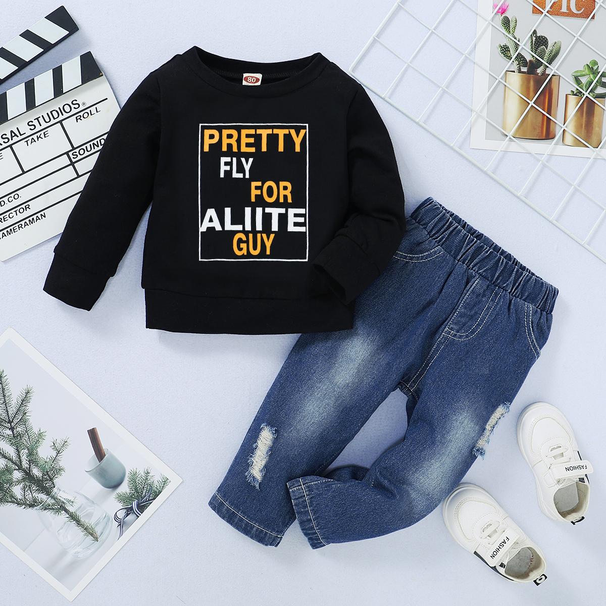 Baby Clothes Baby Boy Alphabet-Print Striped Gooded Long-Sleeve Sweatshirt WL20071199