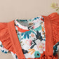 Kids fashion Girls Clothes Flower Print Short Sleeve  Bodysuits Bow Straps Suspender Skirts 2Pcs Outfits Orange 22104306
